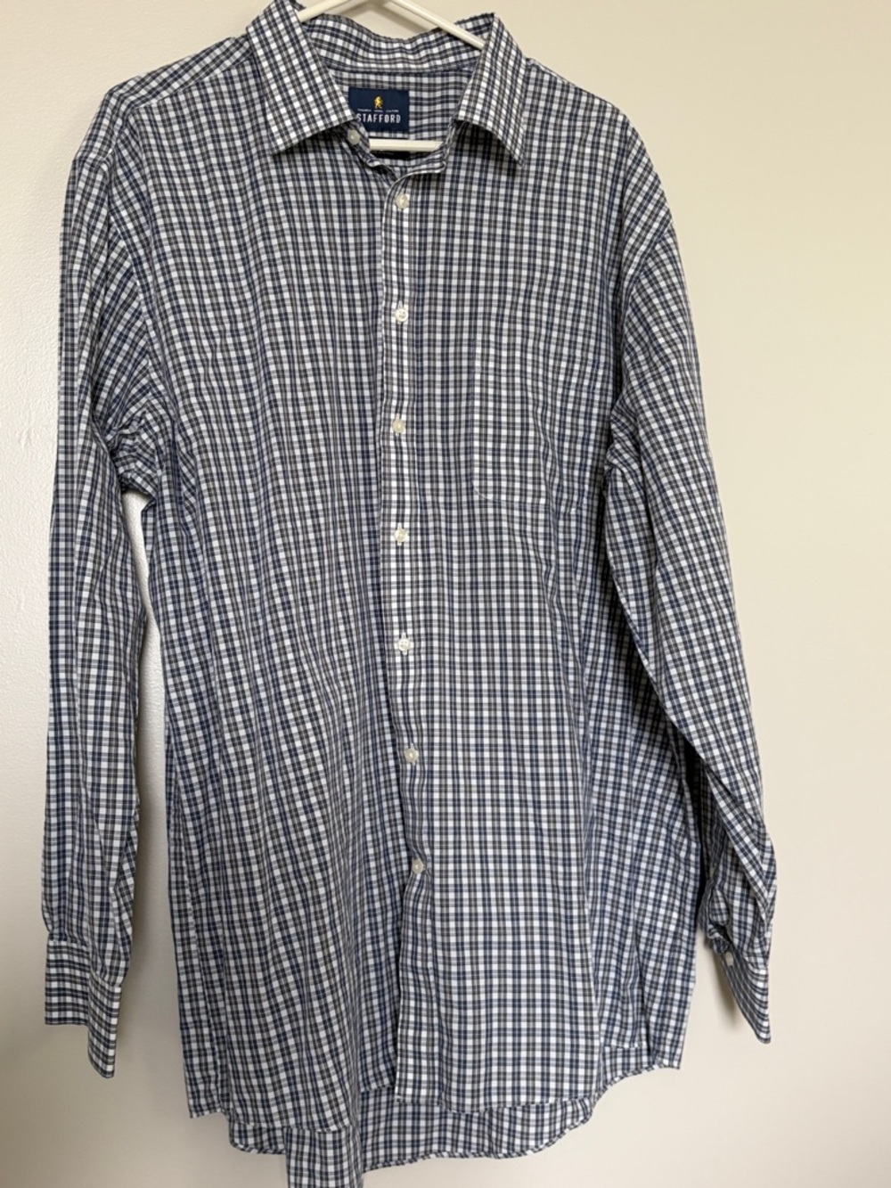 Stafford Men's Navy and White Plaid Button-Down Shirt